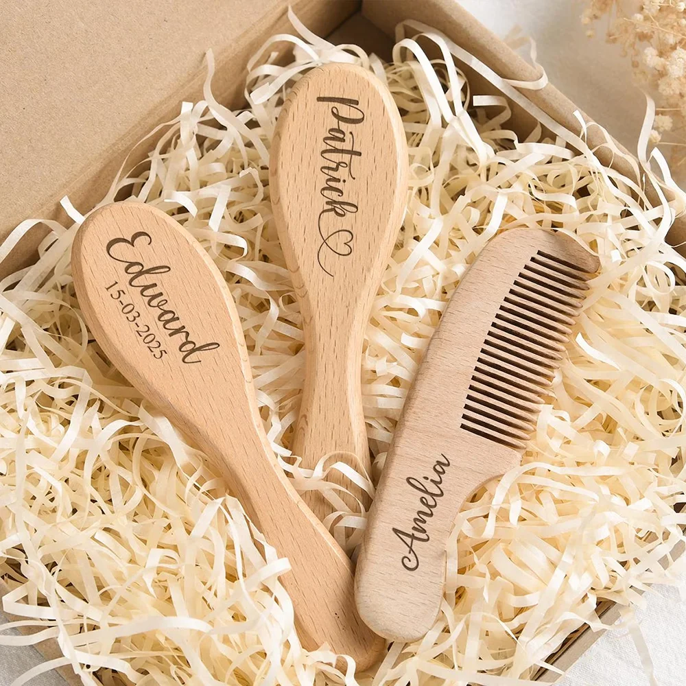 

Personalized Name 3Pcs Wooden Baby Hair Brush Newborn Gifts Baby Shower Accessories Birth Announcement Cute Baby Girl/Boy Gifts