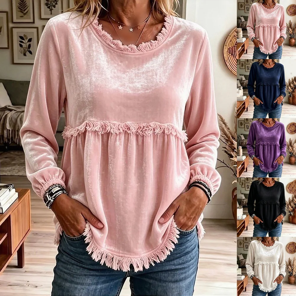 Women 1Slim Round Collar T-Shirt Solid Long Sleeve For Velvet Pullover Tops Blouse Casual Fashion Loose Lace Splicing Coat ﻿