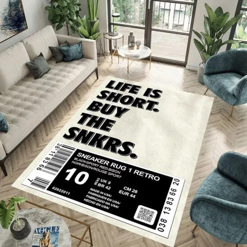 SNEAKER RUG LIFE IS SHORT KAUFEN SIE DIE SNKRS Schuhanhänger Design Teppich Barcode Muster Matte Urban Streetwear Home Dekoration Rutschfester Teppich