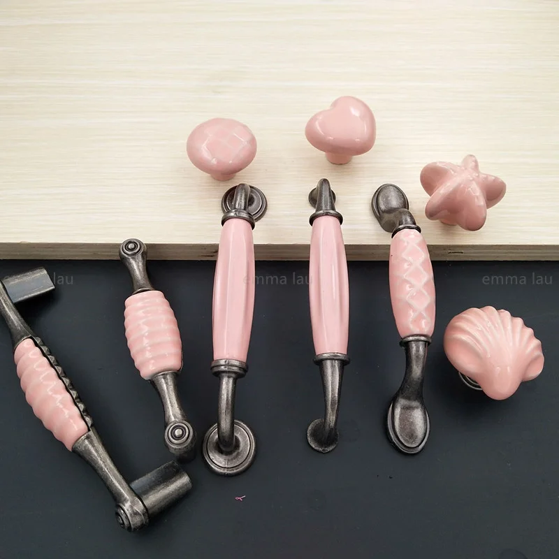

Cute Pink Ceramic Handles Drawer Knobs Round Heart Cabinet Closet Door Handles With Screws Furniture Pulls For Room Decoration