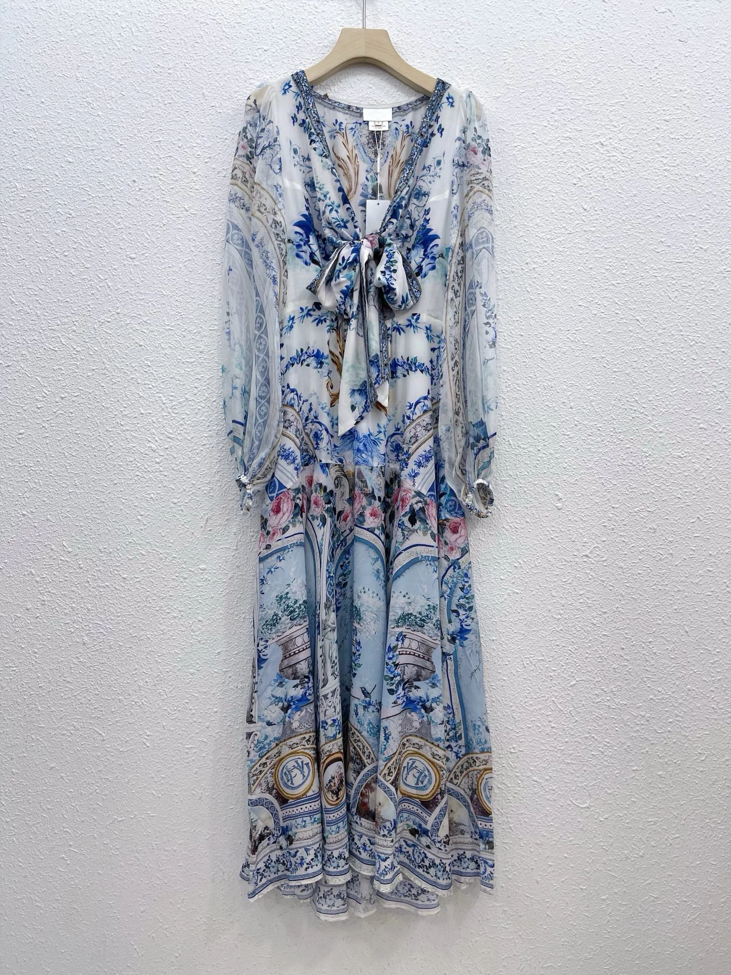 EVACANDIS 100% Real Silk Long Puff Sleeve Women New Printing High Quality Luxury Midi Dress Diamond Vintage Sweet Bohemian
