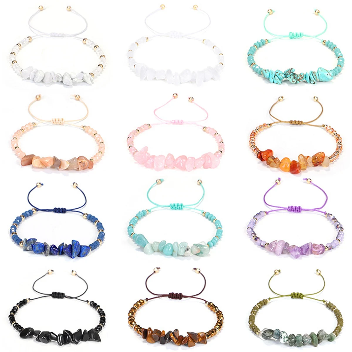 

12PCS Chakra Healing Raw Stone Bracelets for Women Men Adjustable Irregular Tumble Polished Reiki Chip Gemstone Set Bangle