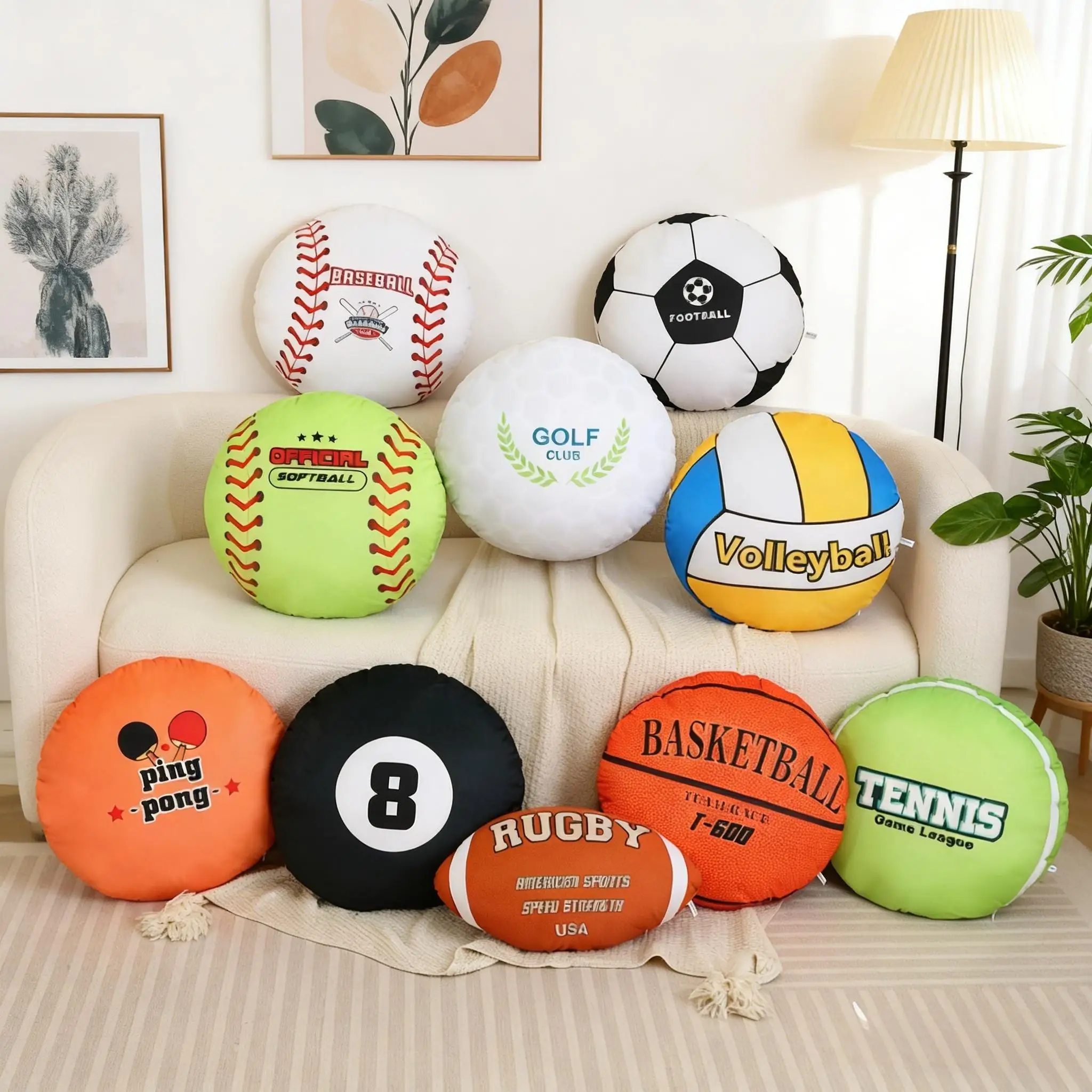 

Fun Football Basketball Plush Pillow Tennis Volleyball Golf Plush Toy Soft Baseball Softball PingPong Stuffed Cushion Sofa Decor