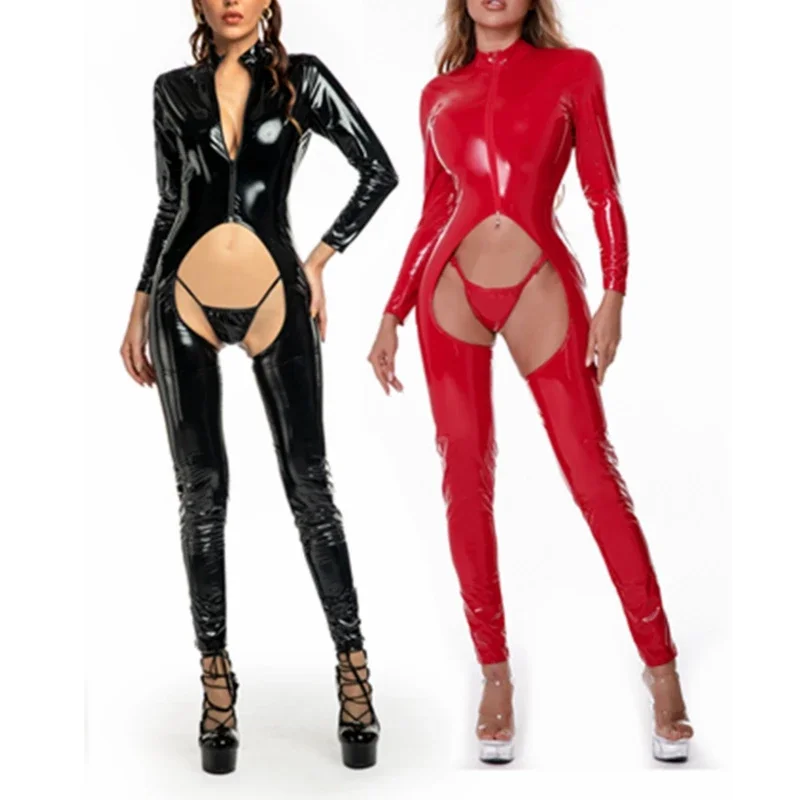 

Shiny PVC Zipper Crotch Hollow Out Jumpsuit Erotic Nightclub Wear Rompers Sexy Jumpsuits Women Wet Look Faux Leather Bodysuits