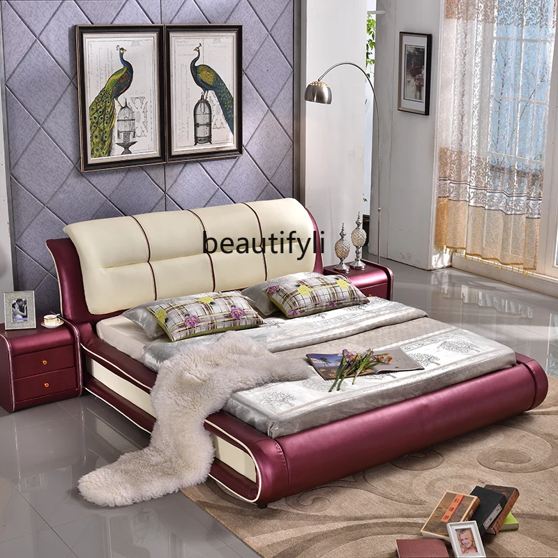 Genuine Leather Modern Simple Marriage Bed 1.8 M Double Leather Bed 1.5 M Soft Bag European Bed