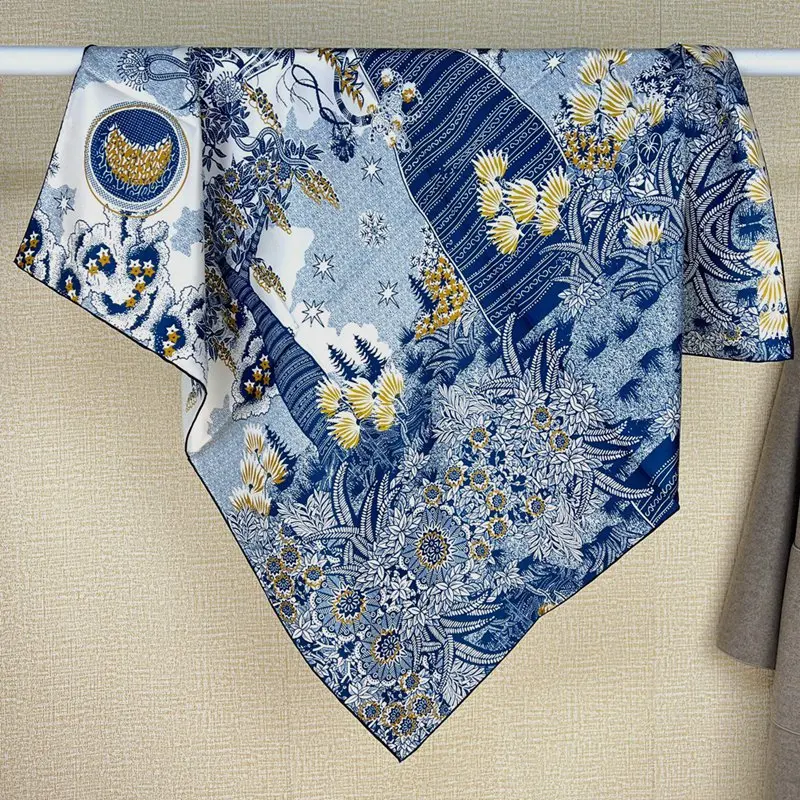 Blue Printed 100% Silk Scarf Neckerchief Large Square Silk Shawl Cape for Women 35\