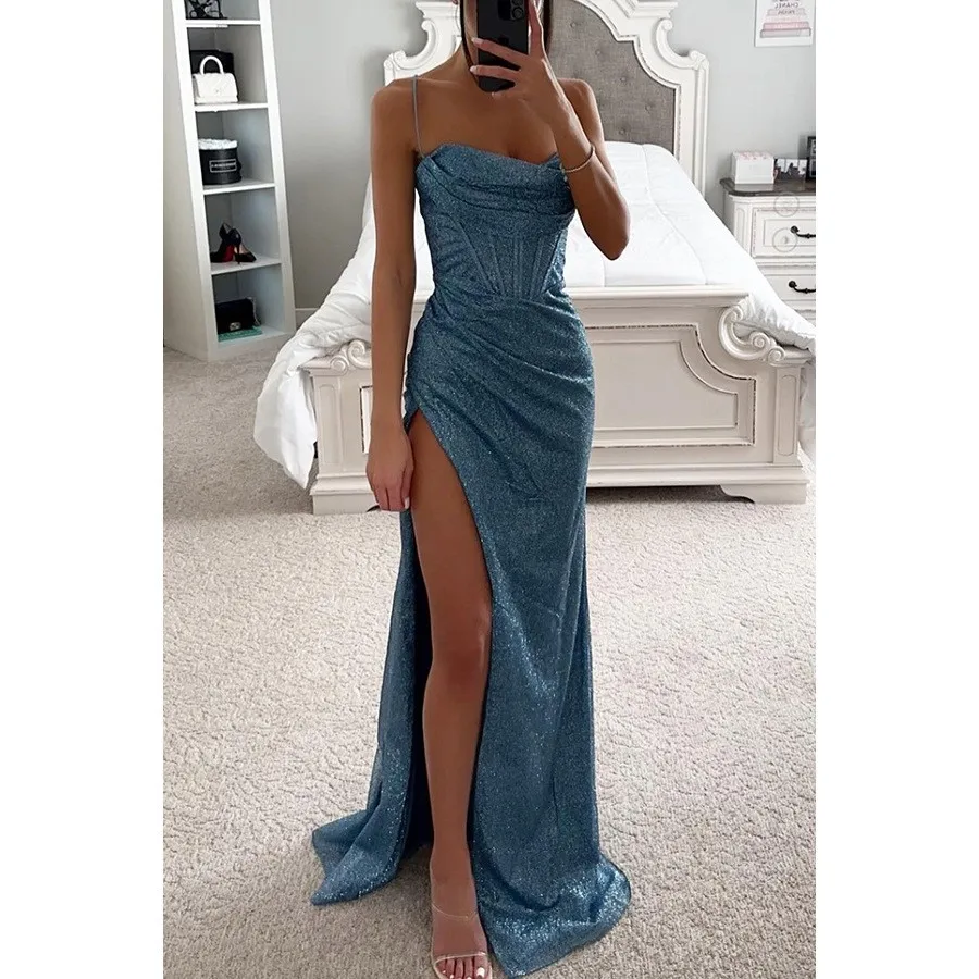 Women's Elegant Vintage Asymmetrical V Neck Long Metallic Off Shoulder Slit Dress for Wedding Guest Party Prom Wedding Party