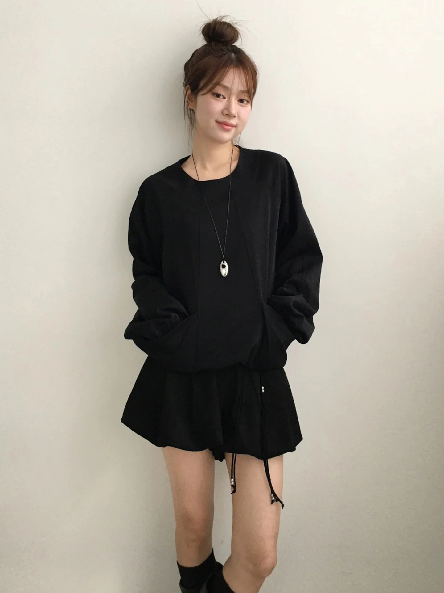 Casual round Ne Long Sve Dstring Loose Women's irt Spring New Sle Comfortable All-Match Overhead Top Korean Sle