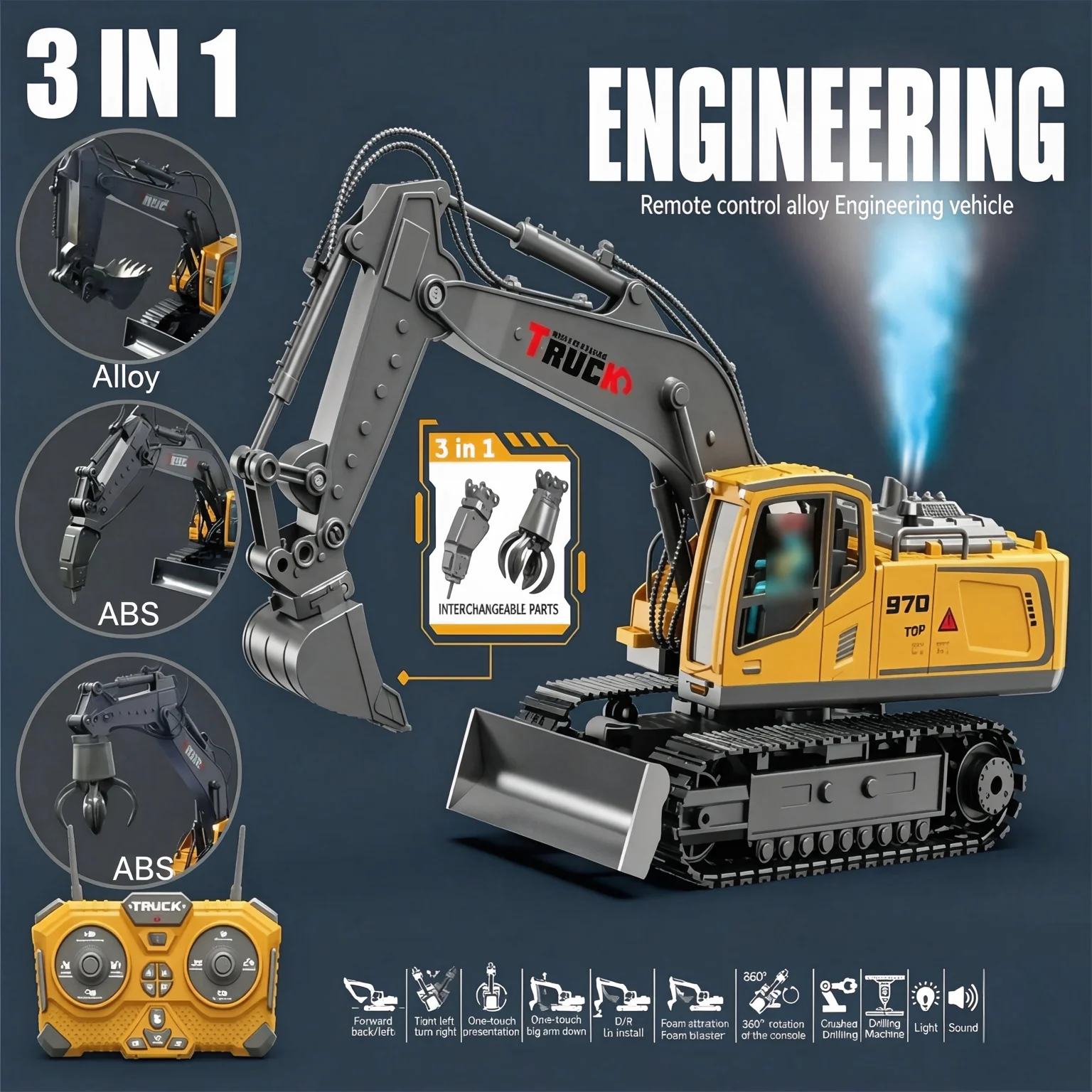 2.4G 3-in-1 RC Alloy Excavator Truck with Interchangeable Bucket Claw Drill Demolition Head 680 Rotate Birthday Gift for Boys 8+