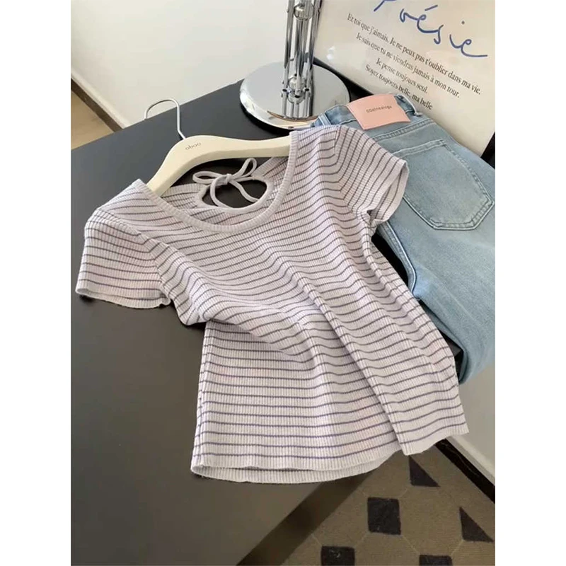 

Summer ort Sve Knitted Ice Silk Hollow out Small irt Women's Faionable T-irt round Ne Regular Length Casual Wear