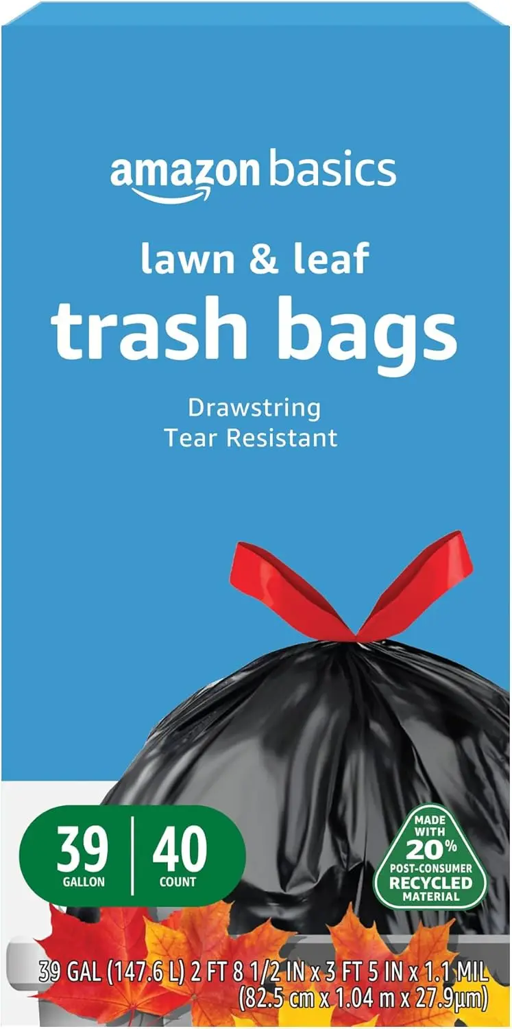 

39 Gallon Lawn & Leaf Heavy Duty Drawstring Trash Bags with 20% Recycled Material, 40 Count, Black