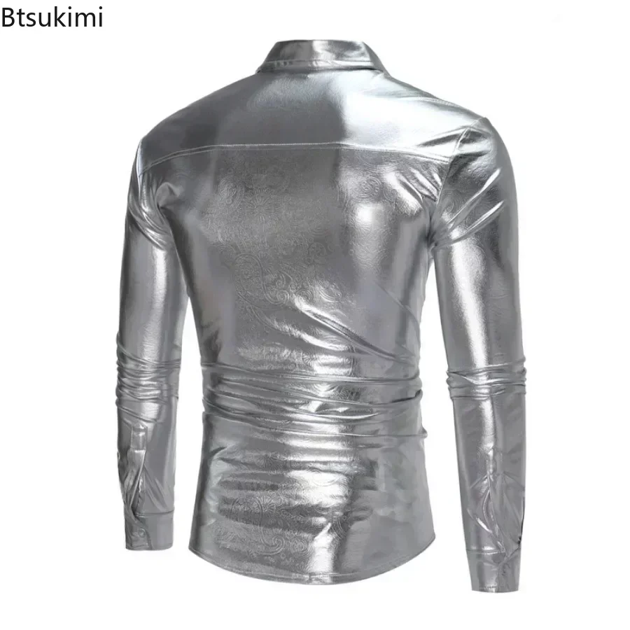 2025 Men's Metallic Glossy Shirts Nightclub Party Shiny Shirts Vintage Disco Costume Fashion Prints Casual Perform Clothing Men