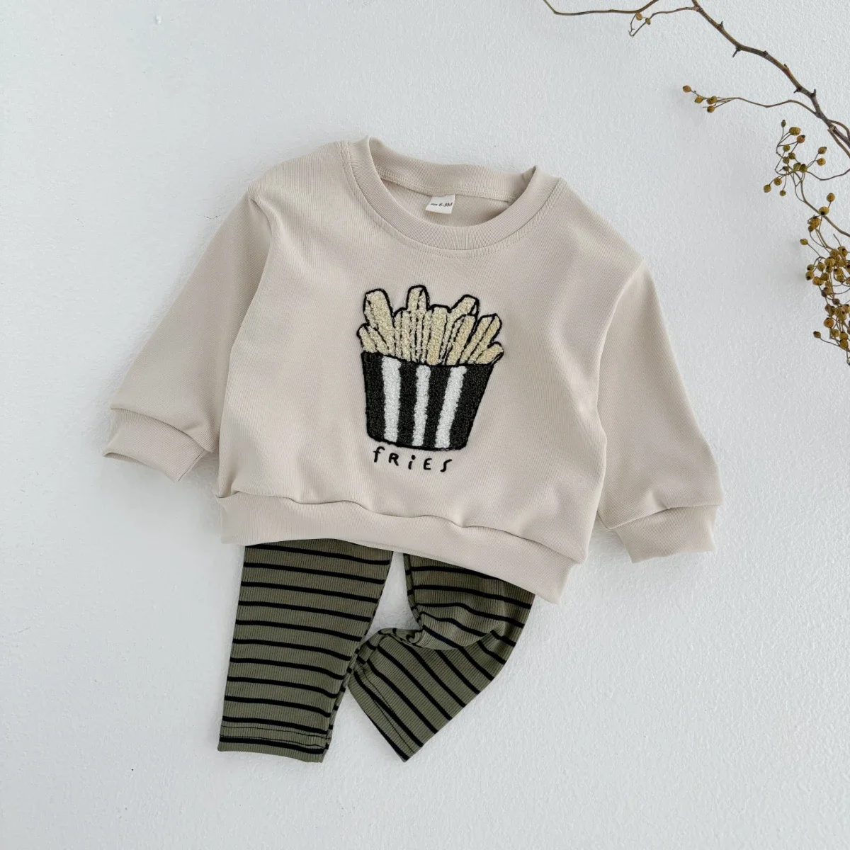 Unisex Baby 2Pcs Outfit Fries Embroidery Round Neck Sweatshirt Striped Pants Toddler Spring Casual Soft Clothes Set