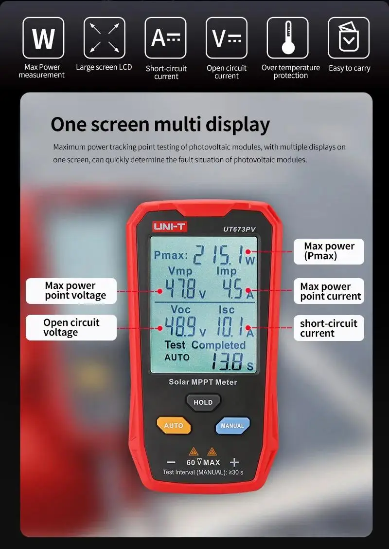 Imagem -03 - Rastreador Solar Fotovoltaico Testador de Potência Máxima Painéis Fotovoltaicos Rastreador Pmax Vmp Lmp Voc Lsc Multi Tester Uni-t-ut673pv