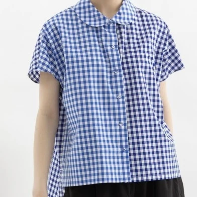 

Japanese Style Short Sleeve Doll Collar Shirt Women's New Color Block Plaid Top Breathable Cotton Loose Fit Summer Shirt