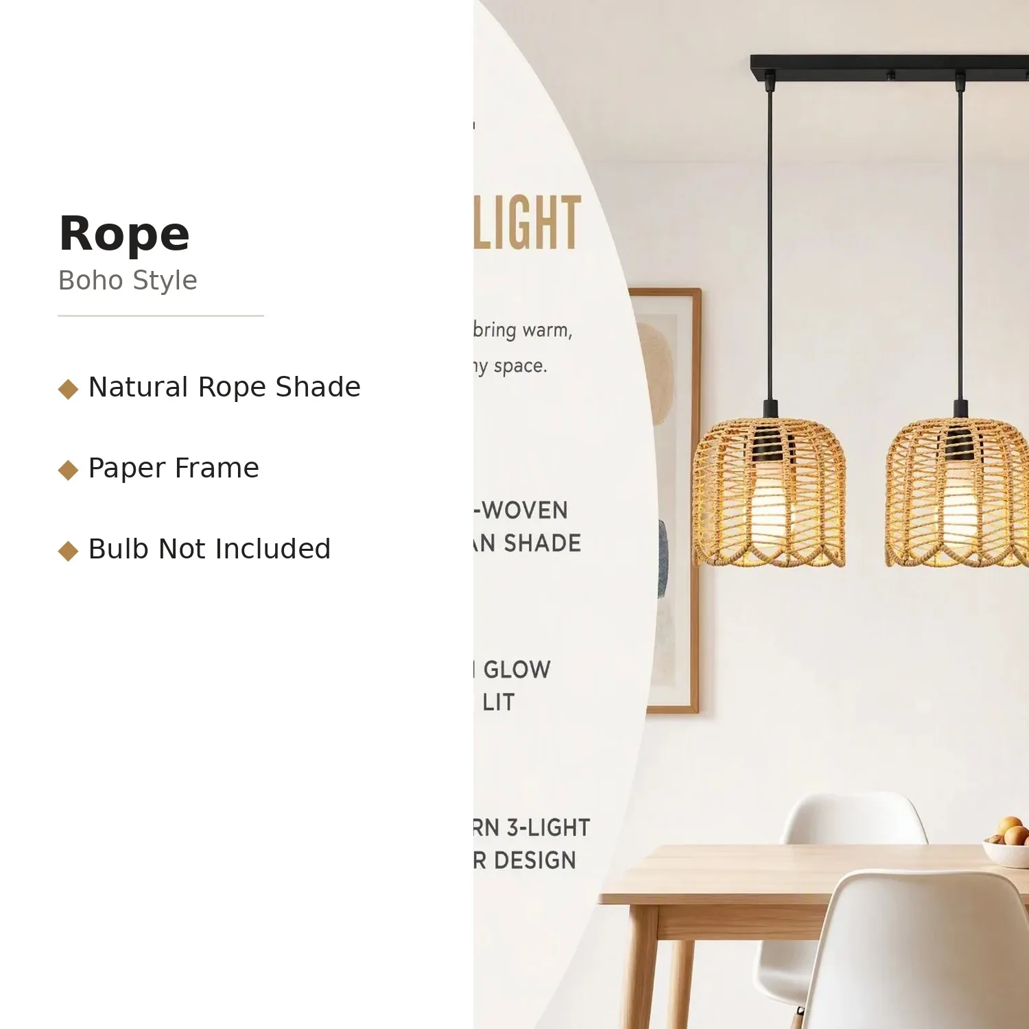 JOYINLED 3-Light Boho Woven Paper Rope Pendant Light E27 for Home Office, Basement, Studio, Farmhouse Decor, Landing, Staircase