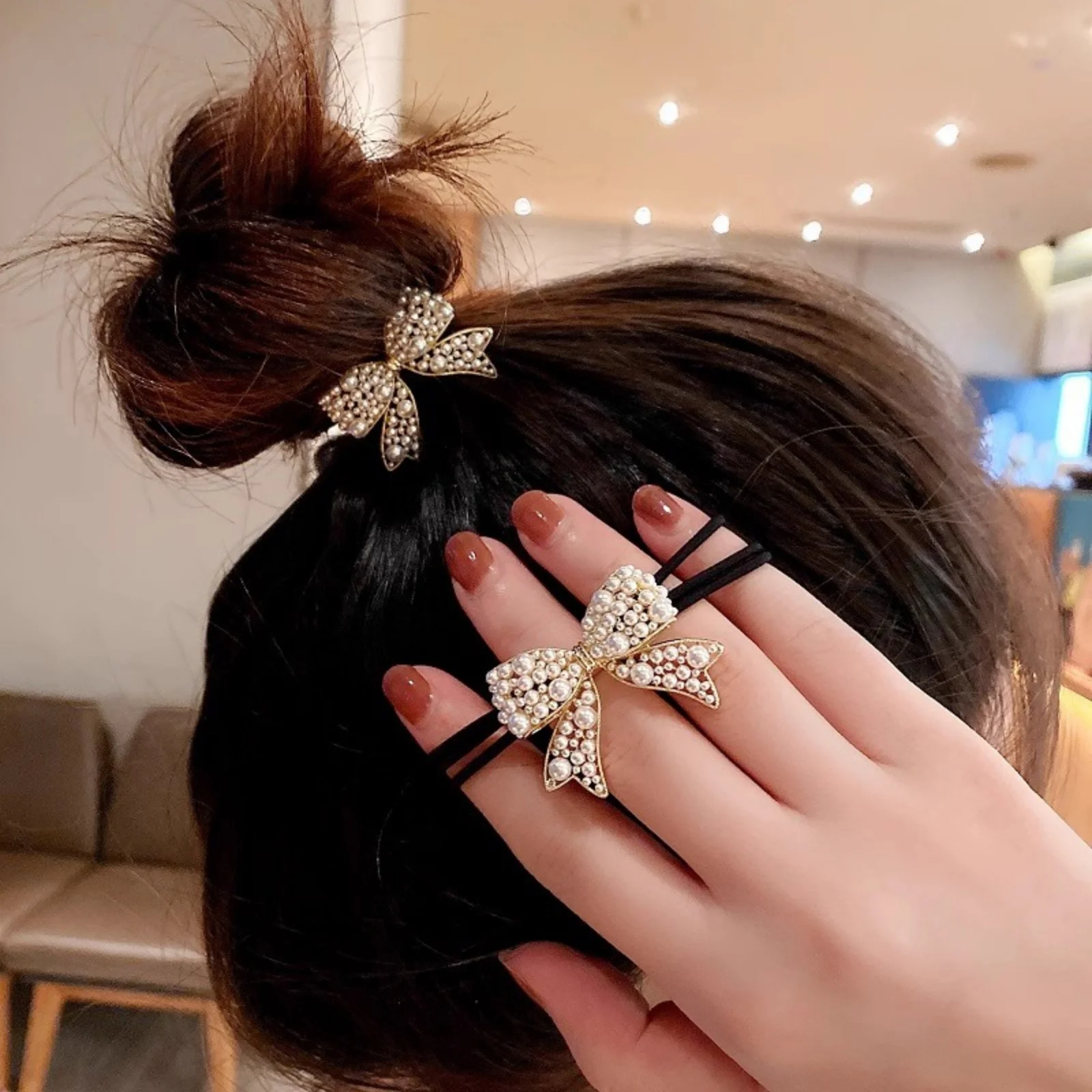 

1PC　Women's Rhinestone Bow Hair Clips and Elastic Bands, Sparkling Pearl - Adorned Hair Decor,Perfect for Parties & Daily Looks