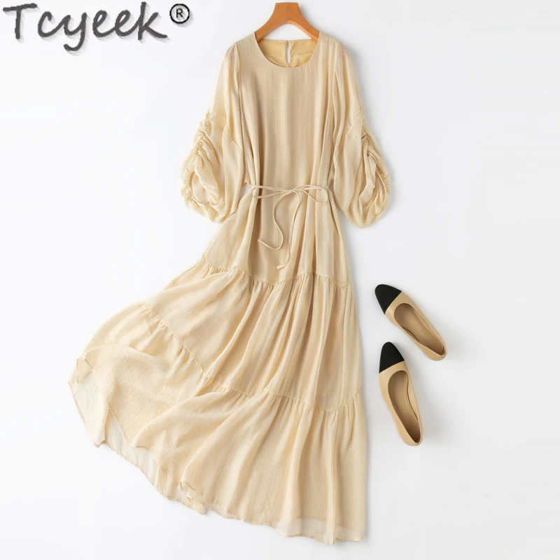 

Tcyeek 100% Mulberry Silk Dresses Loose 2024 Spring Summer Women's Dress Elegant Dresses for Women Clothing Fairy Cake Dress