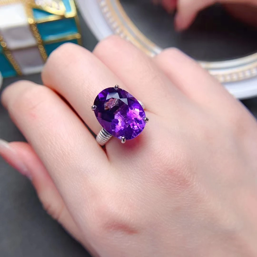 

100% Natural Amethyst Ring 10ct 12*16mm VVS Grade Rich Purple Amethyst Jewelry 925 Silver Crystal Ring for Party