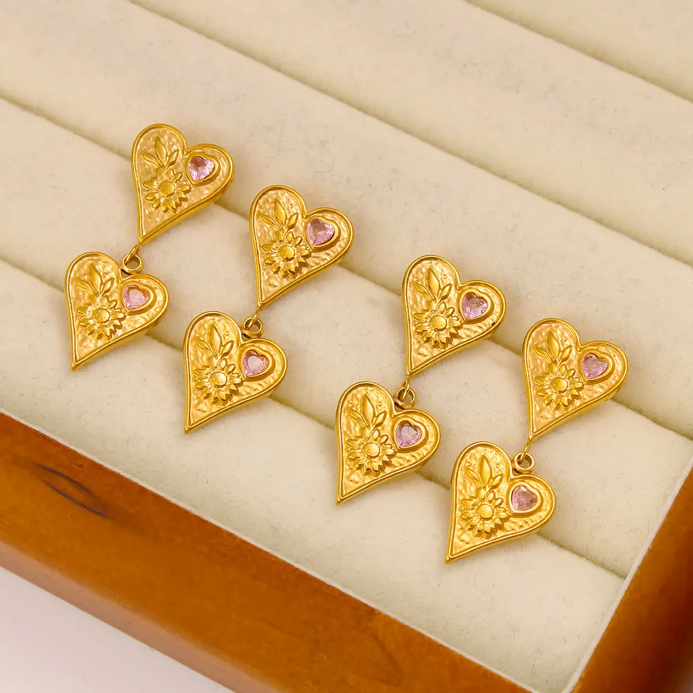 DIY accessories Retro stainless steel double-layer love zircon pendant earrings, fashionable niche design, gold lady temperament