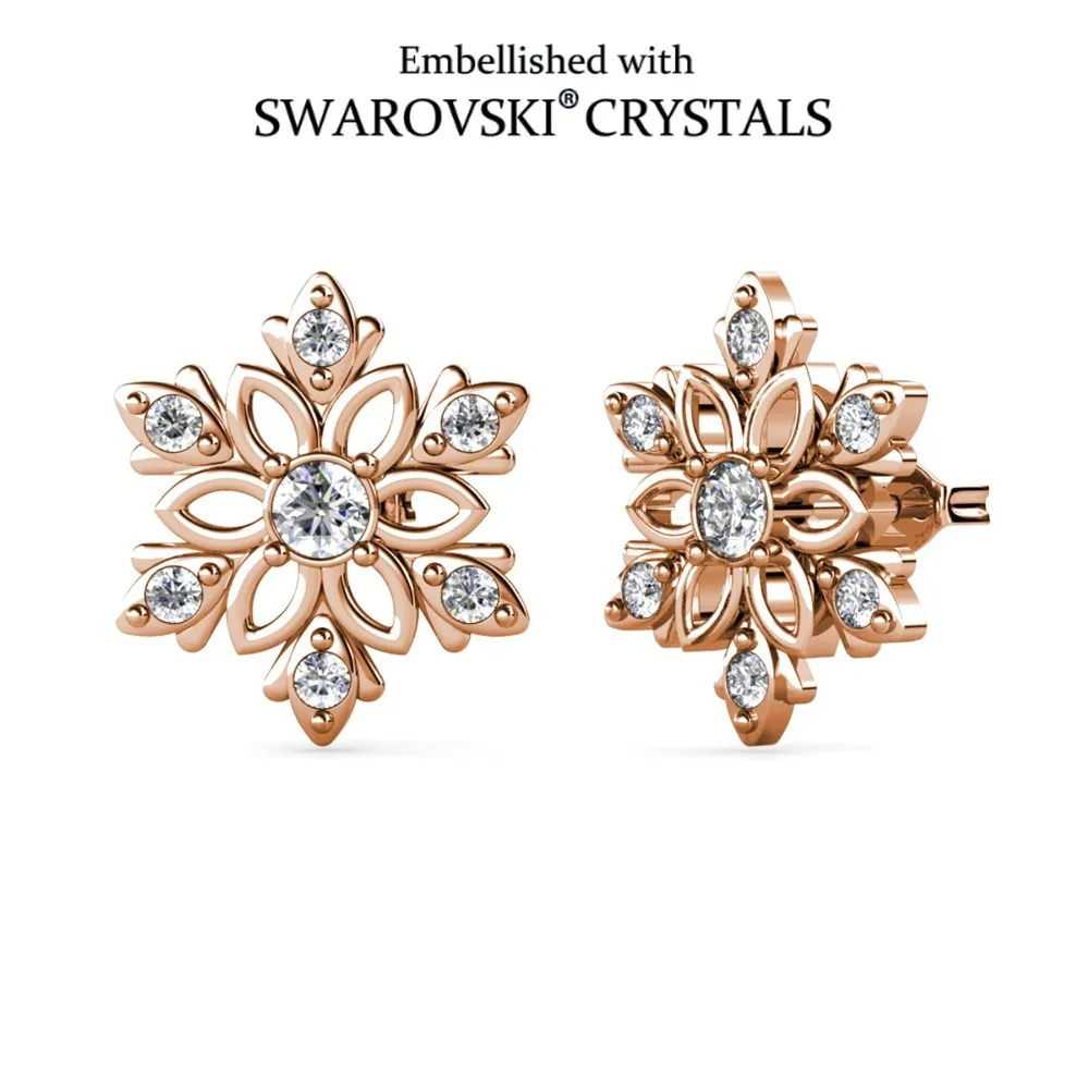 Daisini Snowflake Stud Earrings with Swarovski Crystal Inlaid 18k Rose Gold Plated Womens Floral Jewelry Botanical Design