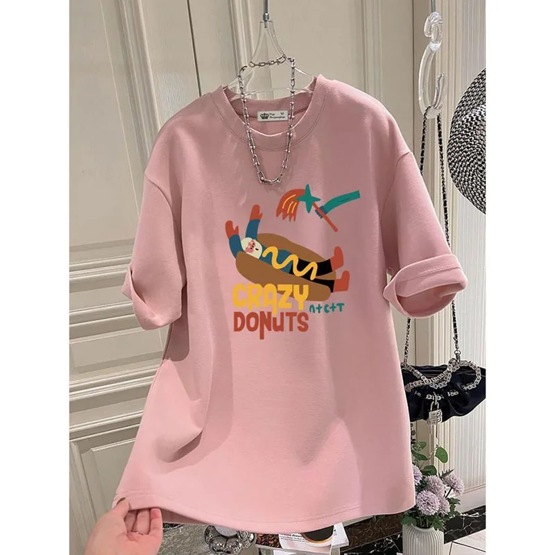 Women Korean Version Fun Cartoon Hamburg Print Tshirt Summer Pure Cotton O-neck Short Sleeve Basic Top Tee Casual Loose Pullover