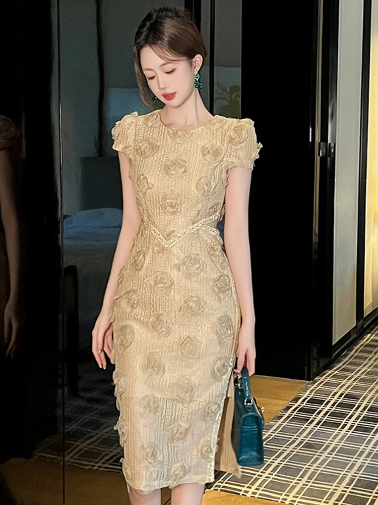 Socialite Elegant Party Dress ผู้หญิงหวานเซ็กซี่เก๋ดอกไม้ Hollow ตัด Midi Robe Femme วันเกิดจัดเลี้ยง Vestidos วันหยุด