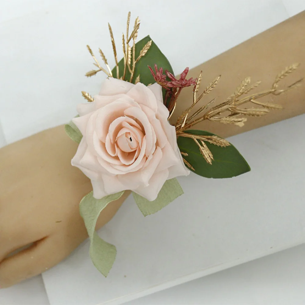 Women's Flowers Wedding Boutonnieres for Guest Pins Light Pink Silk Rose Corsage Wrist Bridesmaid Groomsmen бутоньерка на руку