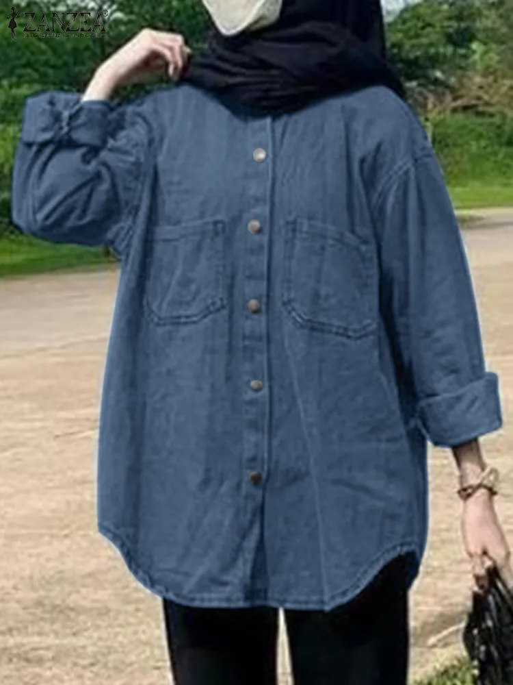 

ZANZEA Women Muslim Denim Style Blouse 2023 Oversize Eid Mubarek Turkey Abaya Shirt Blusas Autumn Long Sleeve Casual Loose Tops