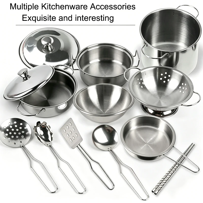 MINI Stainless Steel Kitchen Utensils Toy Set for Girls, Kids Pretend Role Play Kitchenware, Educational Simulation Cooking Play view 2