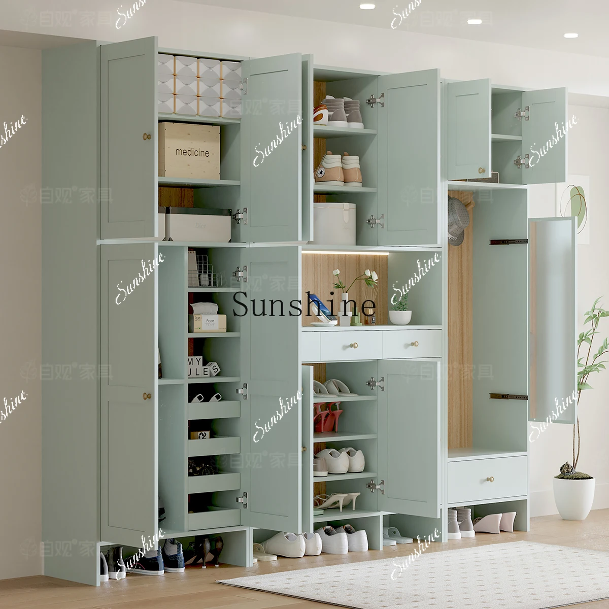 

Entry shoe cabinet entrance integrated partition full body mirror large capacity storage green FT