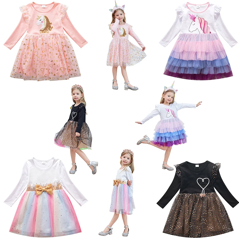 

Girl Princess Dress Unicorns Sequins Long Sleeve Costume Kids Birthday Party Wedding Ball Gown 3-8Years Children Cosplay Clothes