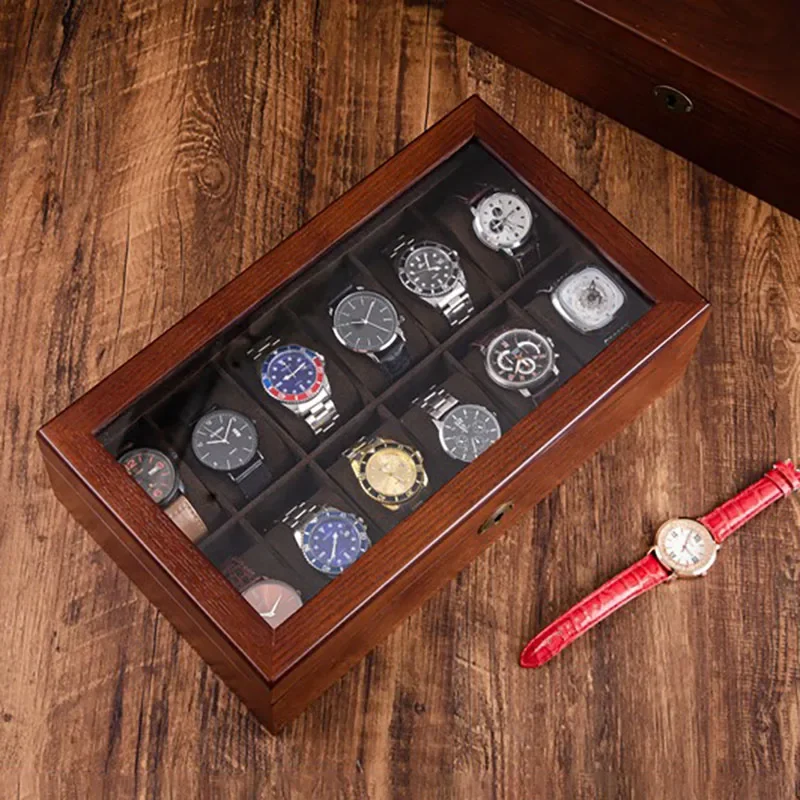 Wooden Watch Storage Box with Lock Transparent Skylight Watch Boxes Organizer Bracelet Glass Wrist Watches Display Collection