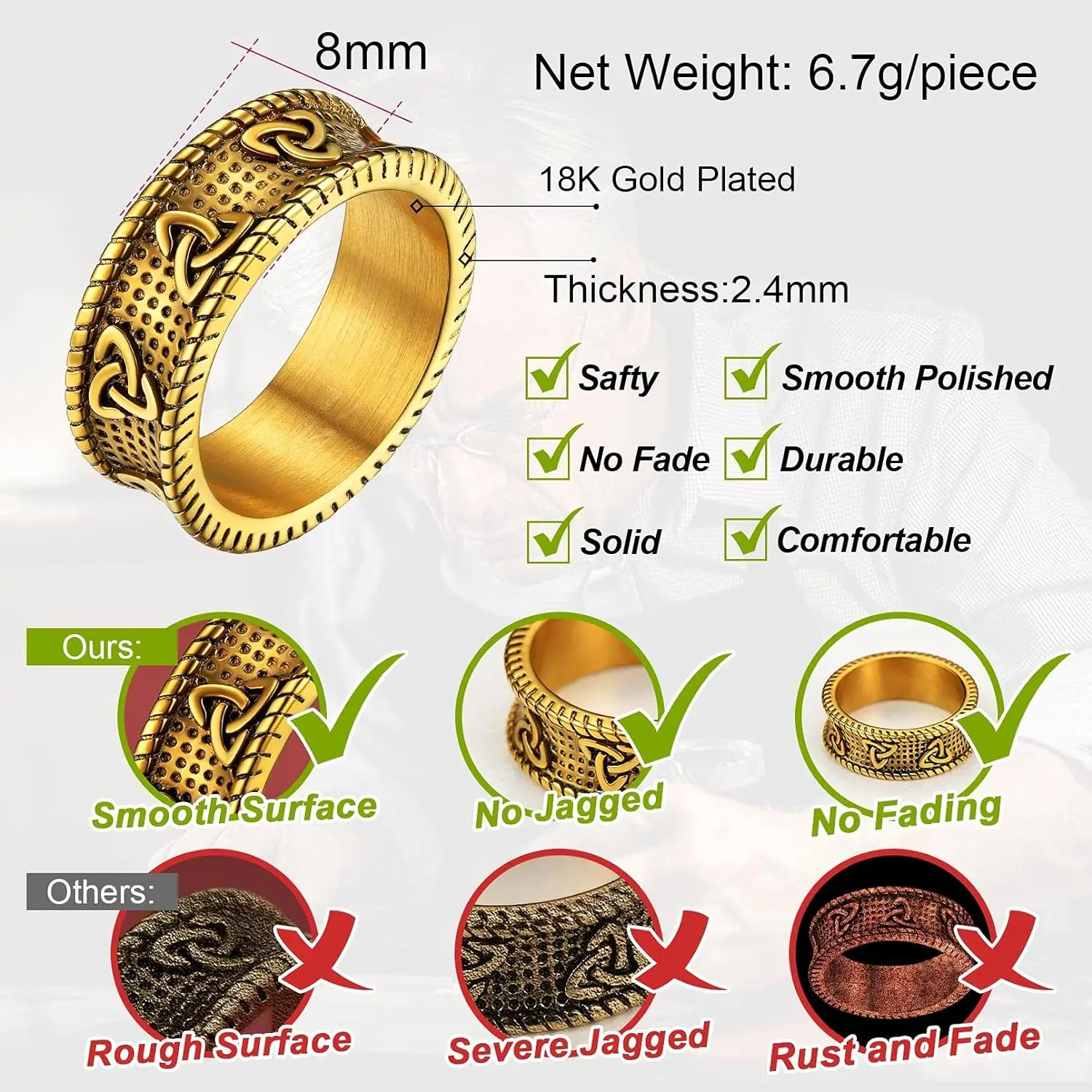 ChainsPro Viking Runes Rings for Men Stainless Steel 14K Gold Plated Retro Norse Runes 8mm Wide Band Daily Jewelry