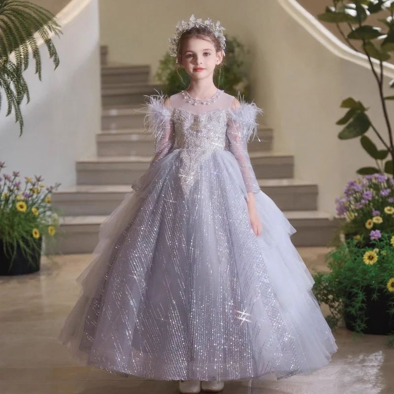

New high-end luxury sequin and pearl princess dress for girls, suitable for young hosts' performances and evening events