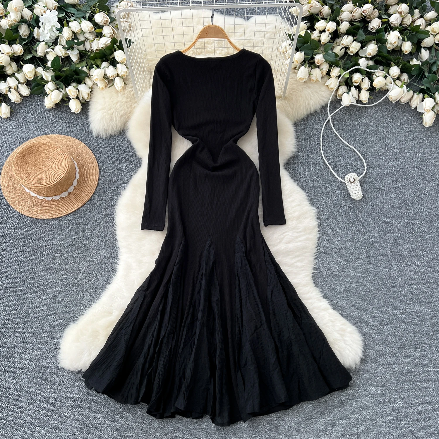 Elegant Square Collar Vintage Long Sleeve Chic Pleated Slim Mermaid Dresses French Evening High Street Autumn Winter Clothing