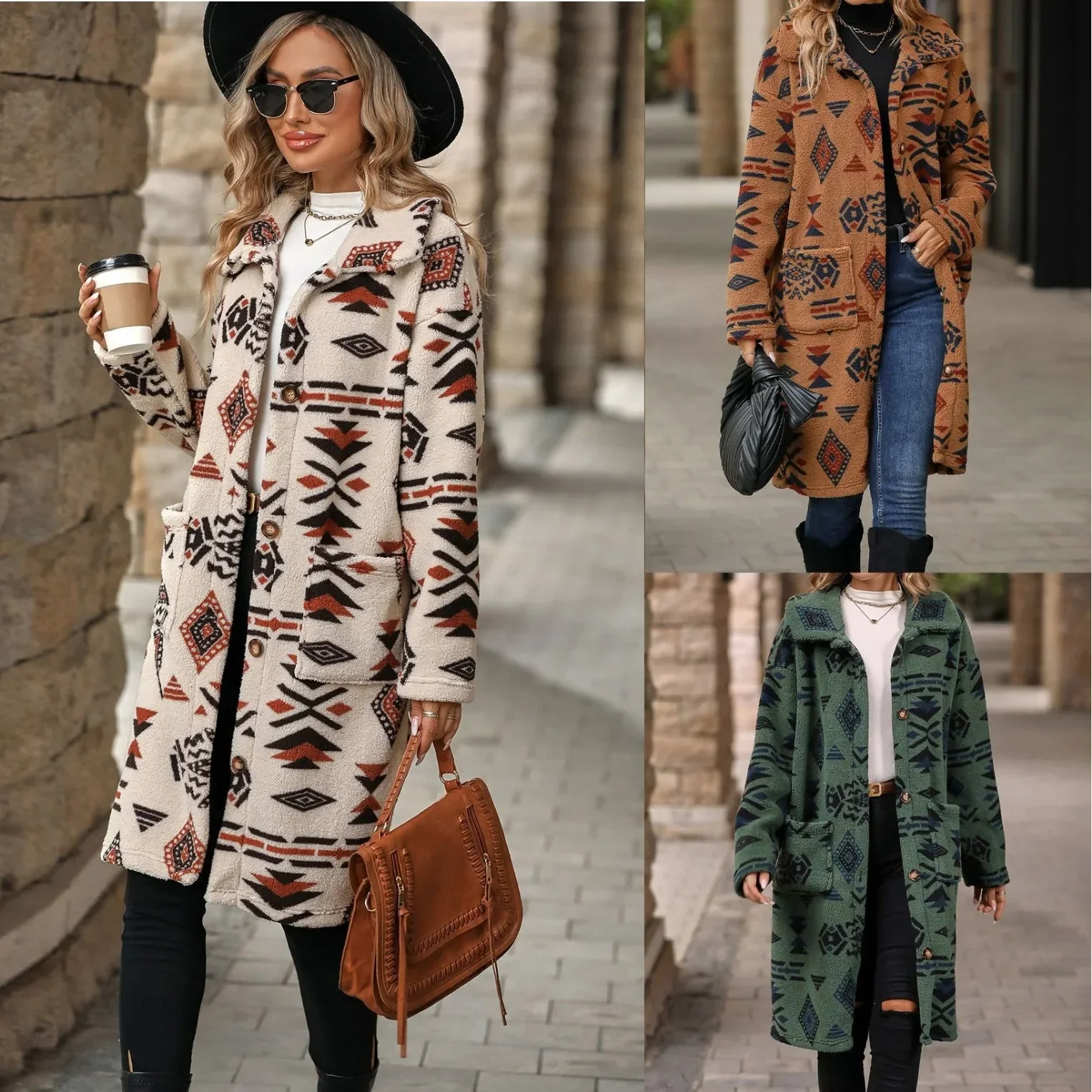 

Women's Overcoat Jacket European American Style Single-breasted Ethnic Printed Fleece Long Length For Autumn Winter