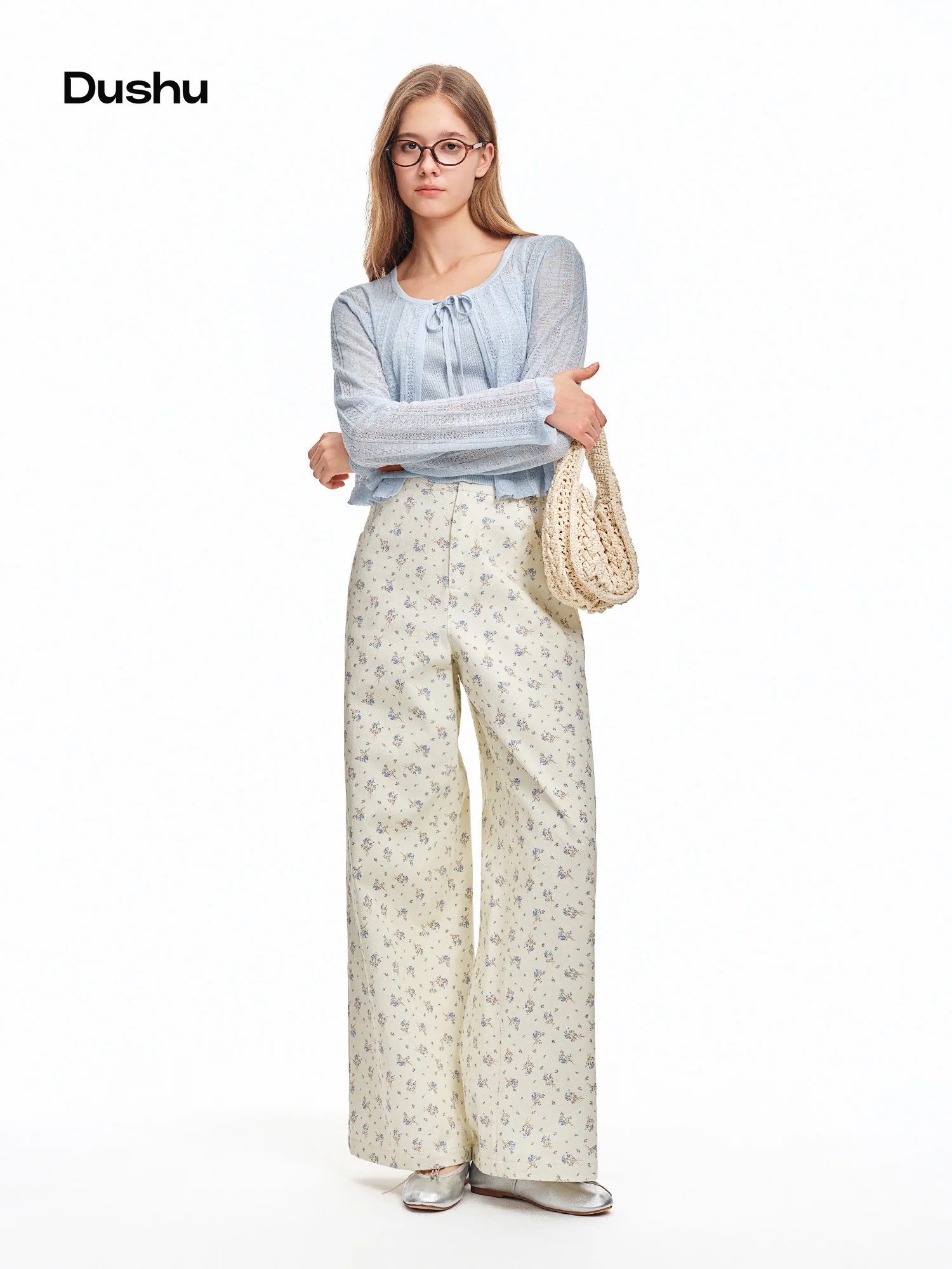 DUSHU 2026 Summer Women's Fresh Floral Print 100% Cotton Straight Leg Pants - Flattering Casual Trousers for Daily