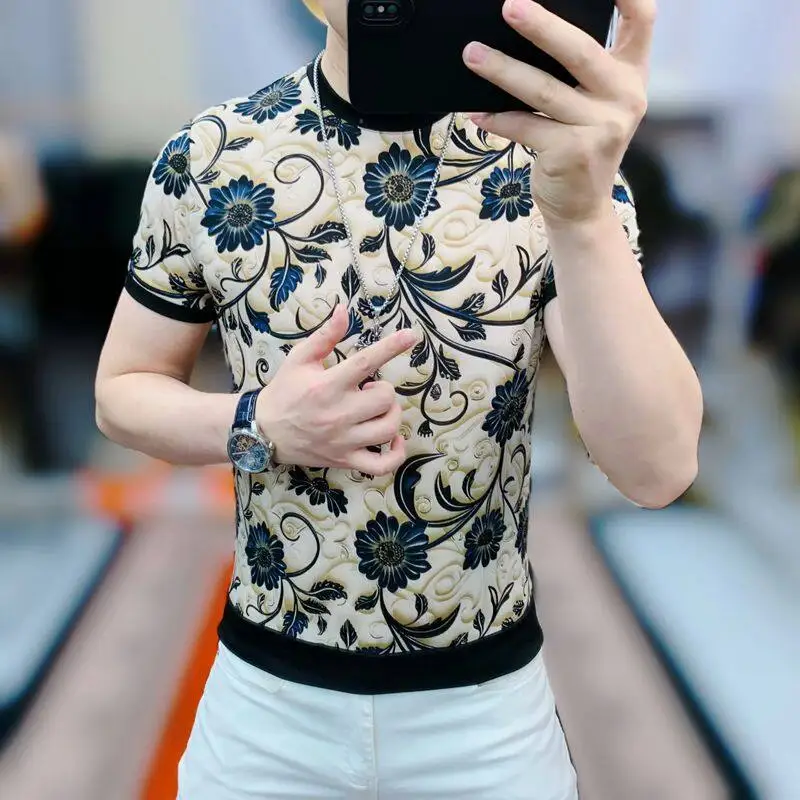 Floral Digital Print T Shirt For Men Short Sleeved Slim Fit Silky Summer Quality Coolness Elastic Trends Casual O-Neck Camisetas