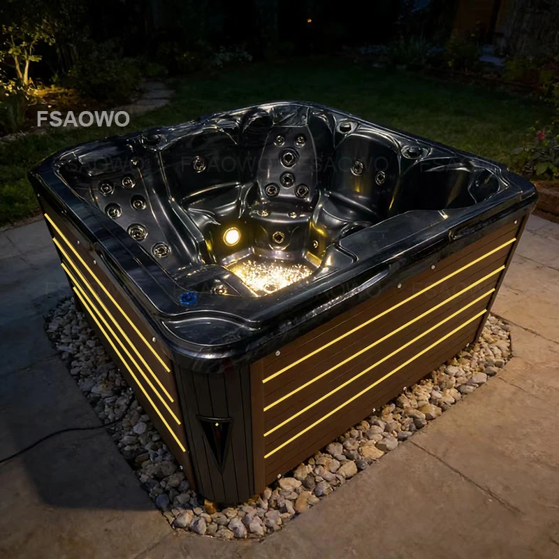 Water Park Hydromassage Counteryard 5 Person Pool Spa Outdoor Black Jakuzi With Halogen Lamp Decoration With Glass Holding Bar