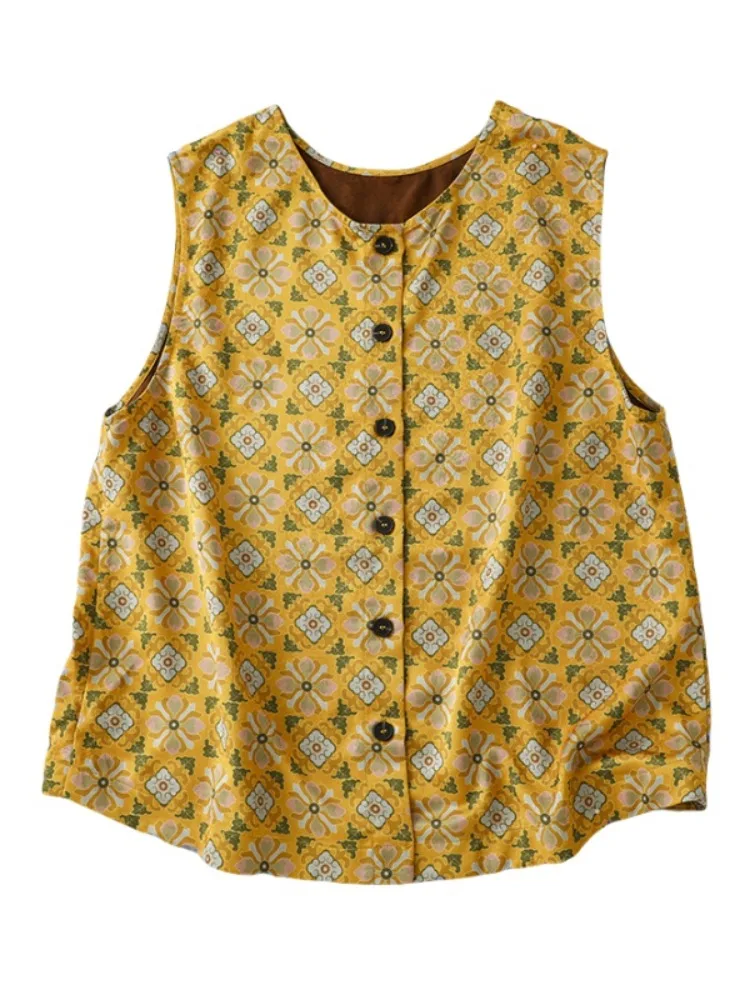 เสื้อกั๊กพิมพ์ลายดอกไม้สีเหลืองสำหรับผู้หญิง ฤดูร้อน ดีไซน์โดดเด่น สวยงาม สวมใส่สบาย เหมาะสำหรับการเดินทาง ทรงปกติ...