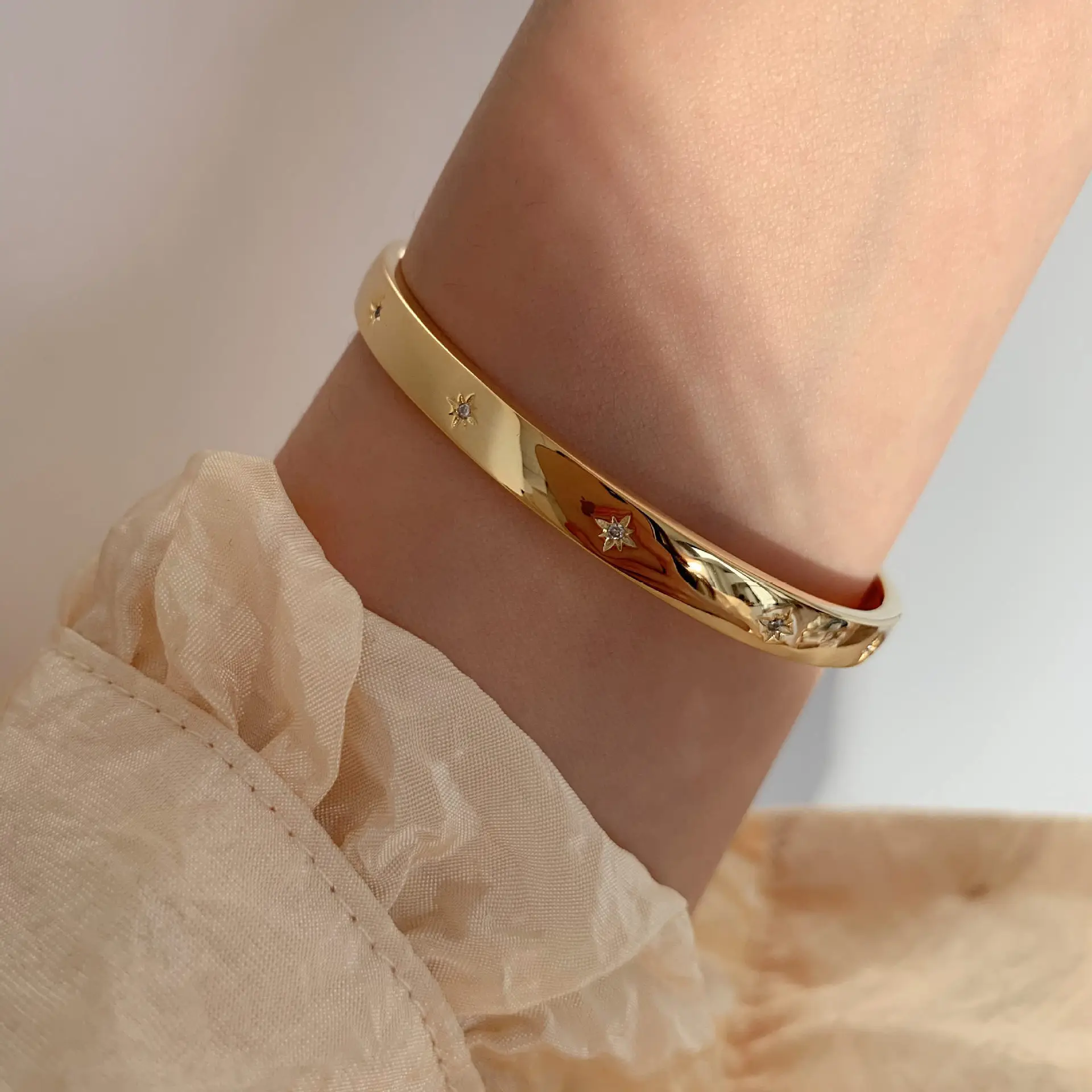 925 Sterling Silver Bangle Bracelet Golden Smooth Stars Polished Punk Stackable For Woman Girl Jewelry Gift Dropship Wholesale