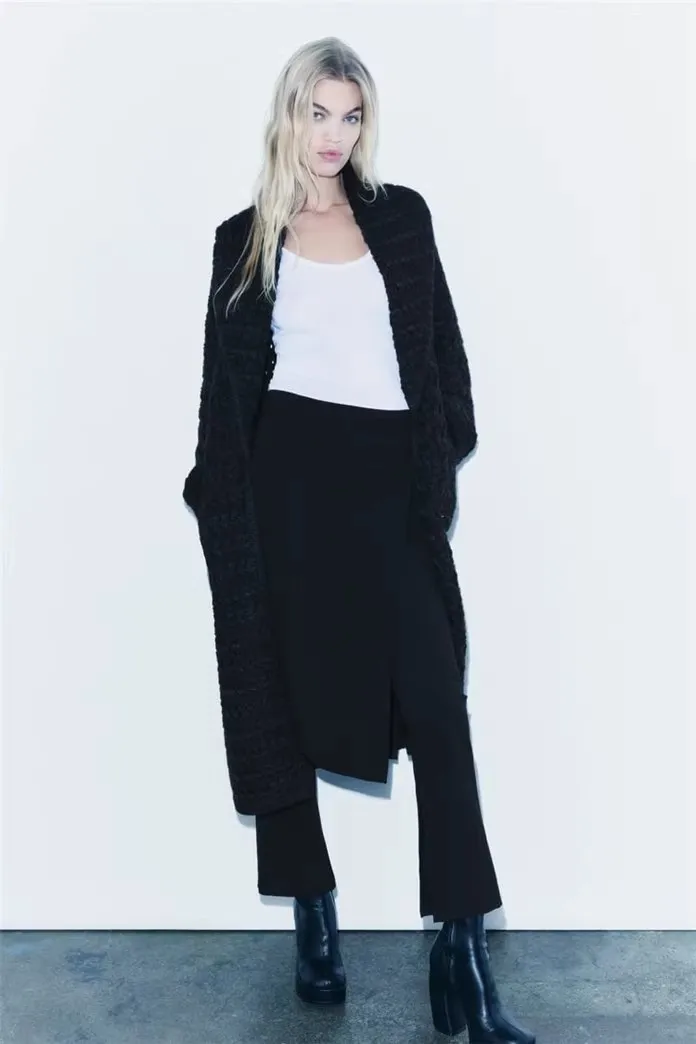 

Spring New Wide Collar Long Sve Bla Texture Hollow Knitted Long Coat Women's Faion Outerwear Comfortable Loose Fit Car...