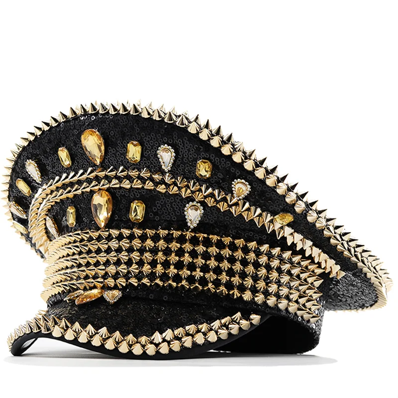 

New Women men steampunk Black Military Hat Sergeant Captain Hat Luxury Rhinestone Festival Birthday Part Hen Do Hat