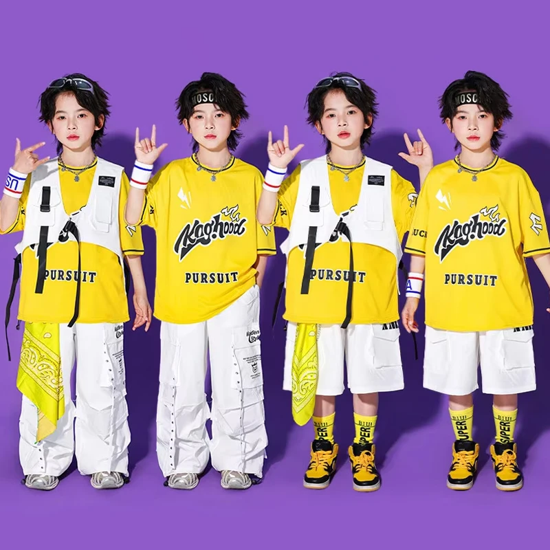 

Hip Hop Dance Clothes Boys Children Street Dance Show Costume Yellow Top White Pants Jazz Outfit Performance Stage Wear AMY3656