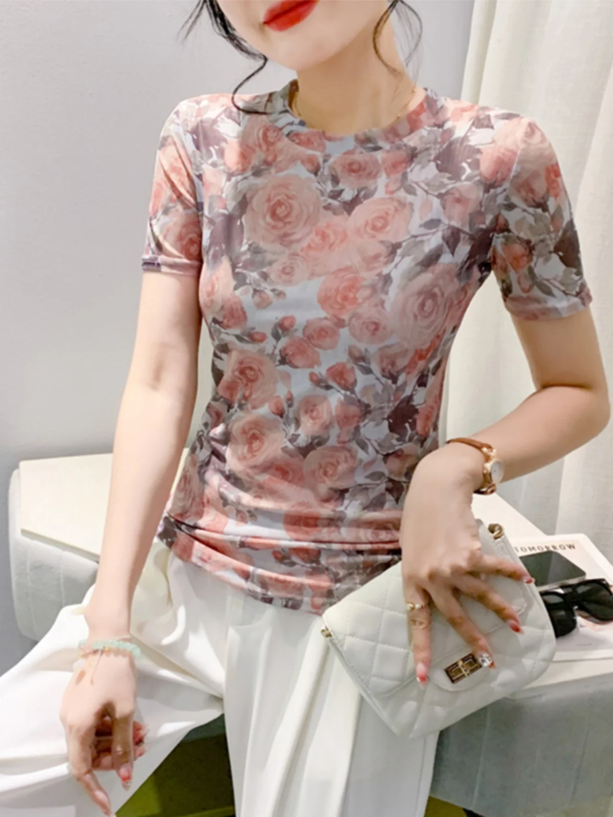 Retro Me T-Shirt Damen Ort Sve Summer Age-Defng Schöner Druck Slim Fit Vielseitiges rundes Ne Top Koreanisches Sle