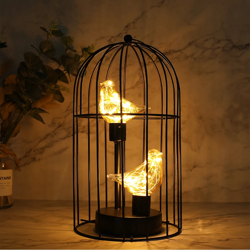 Birdcage Decorative Table Lamp Battery Operated Cordless Accent Light with Warm White Fairy Lights Bird Bulb for Home Decor