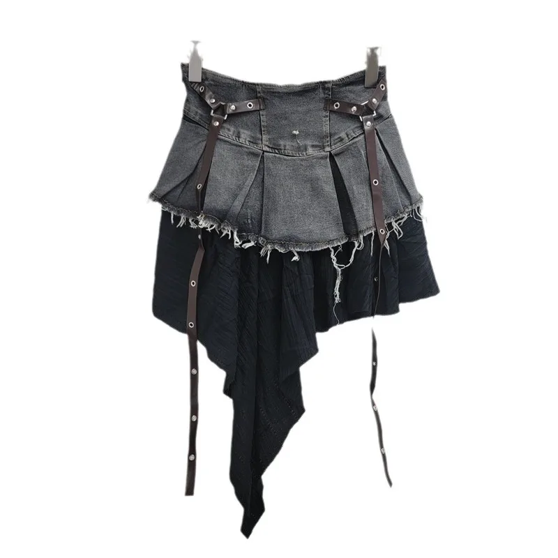 Vintage Denim Pleated Mini Skirt Women Irregular Patchwork Layered Skirt with Rivet Belt Y2K Streetwear Bottoms - view 5