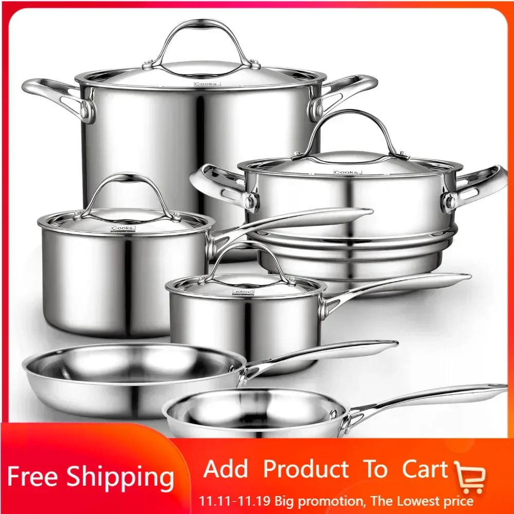 Stainless Steel Kitchen Cookware Sets 10-Piece, Multi-Ply Full Clad Pots and Pans Cooking Set with Stay-Cool Hand