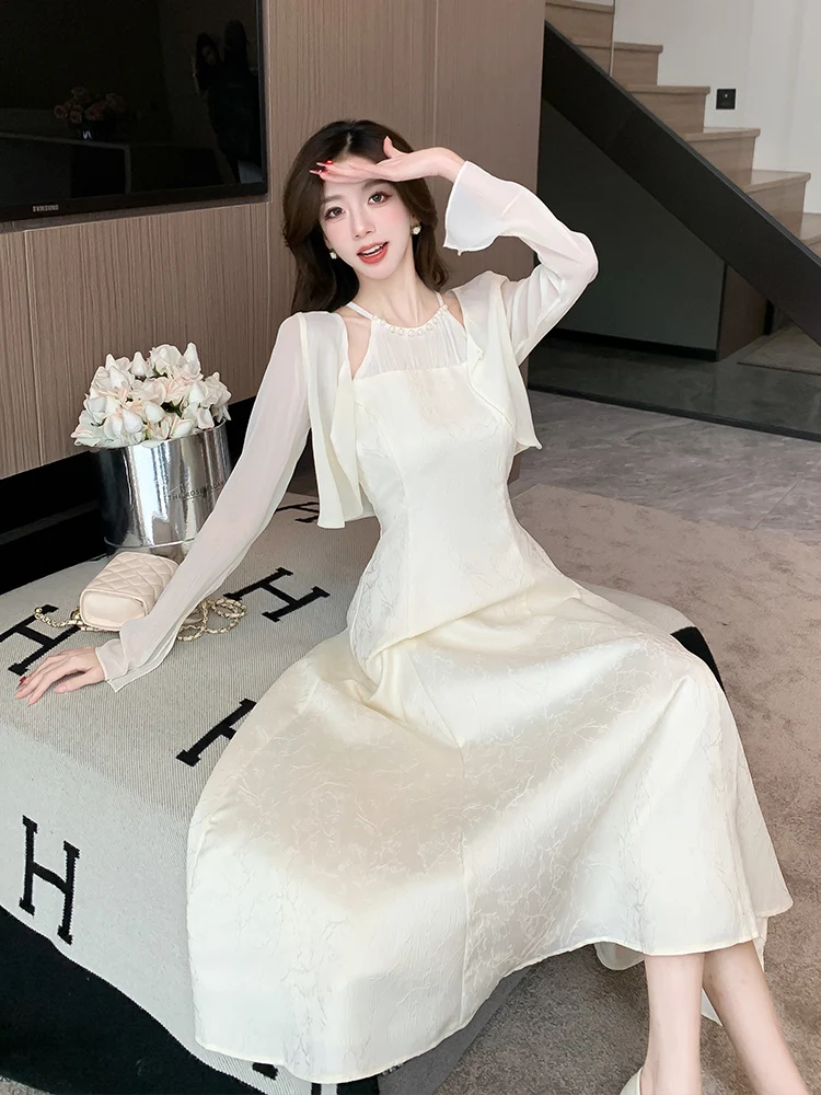 Summer Elegant Lady Fashion Two Piece Dress Sets New Women Short Cardigan Top + A Line Sexy Off Shoulder Mid-Length Dress Suits